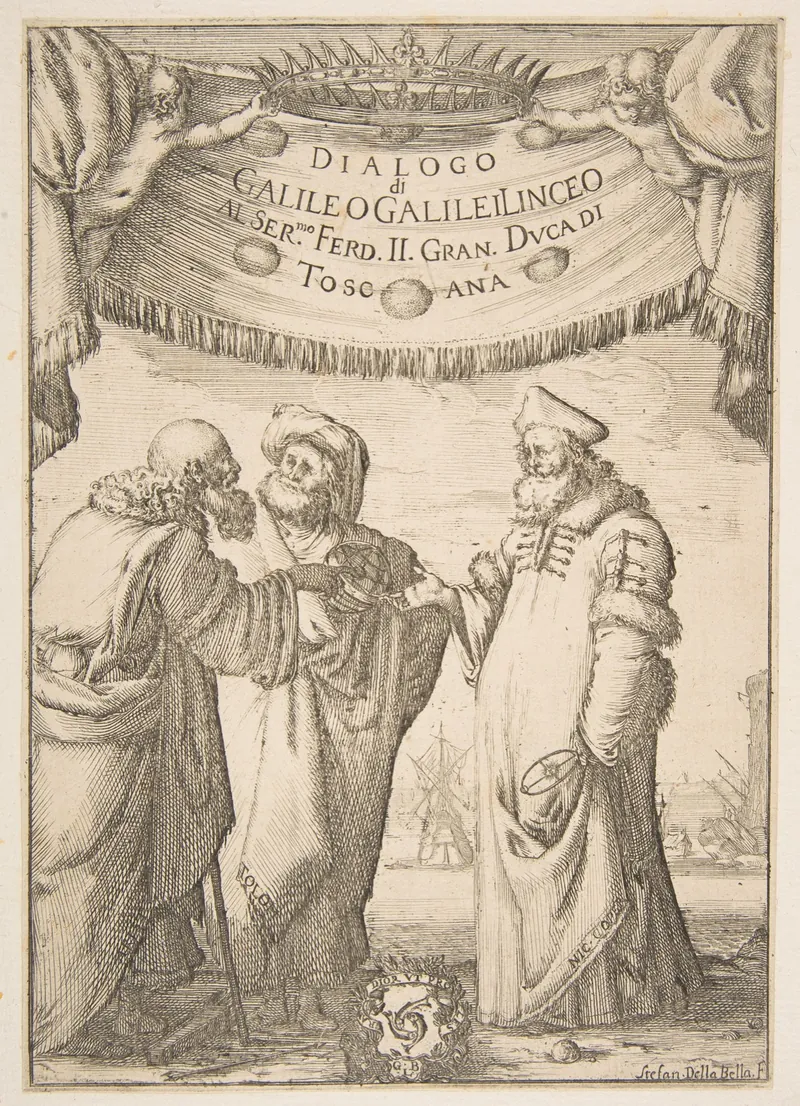 Engraved frontispiece of Galileo's Dialogue: Aristotle, Ptolemy and Copernicus in conversation