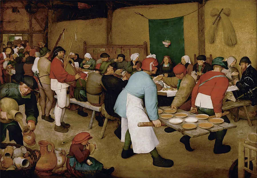Nuntă de țărani de Bruegel cel Bătrân, cu mese pline și nuntași