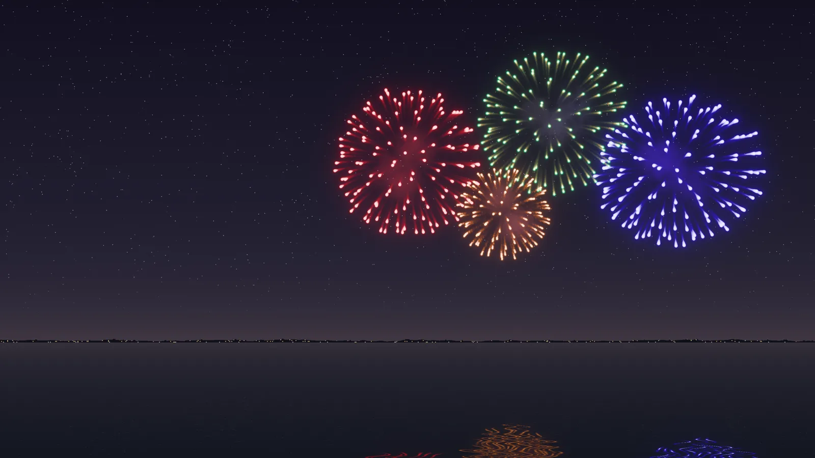Fuegos artificiales sobre el agua: estallidos rojos, verdes y azules