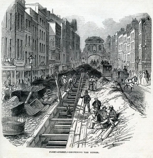 Engraving of workmen deepening the brick Fleet sewer by hand
