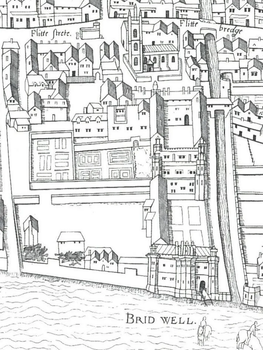 The Copperplate map: Bridewell Palace beside the open Fleet, with Fleet Bridge at the top