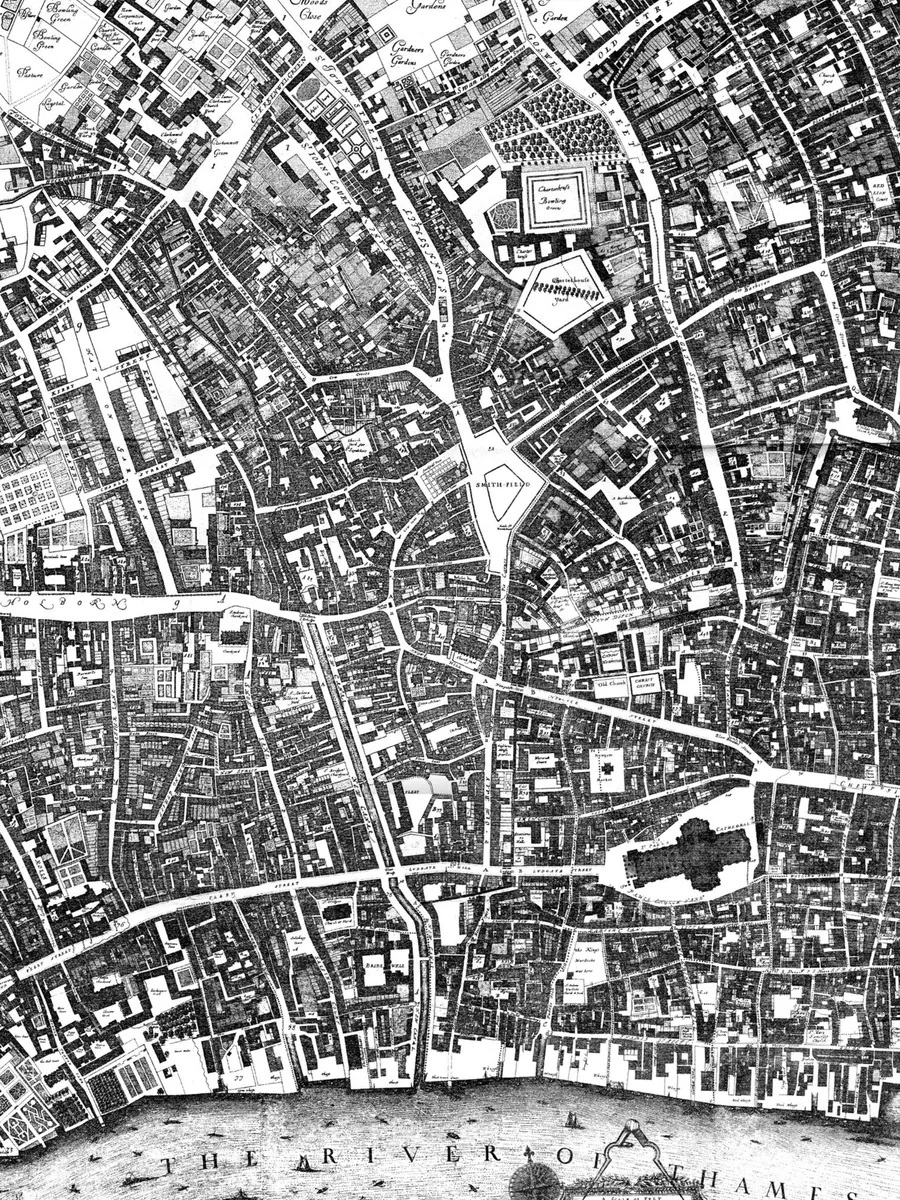 Ogilby and Morgan’s map: the straightened Fleet canal running down to the Thames beside St Paul’s