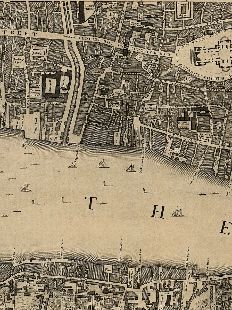Rocque’s map: Fleet Bridge and Fleet Market above the last open stretch of the ditch