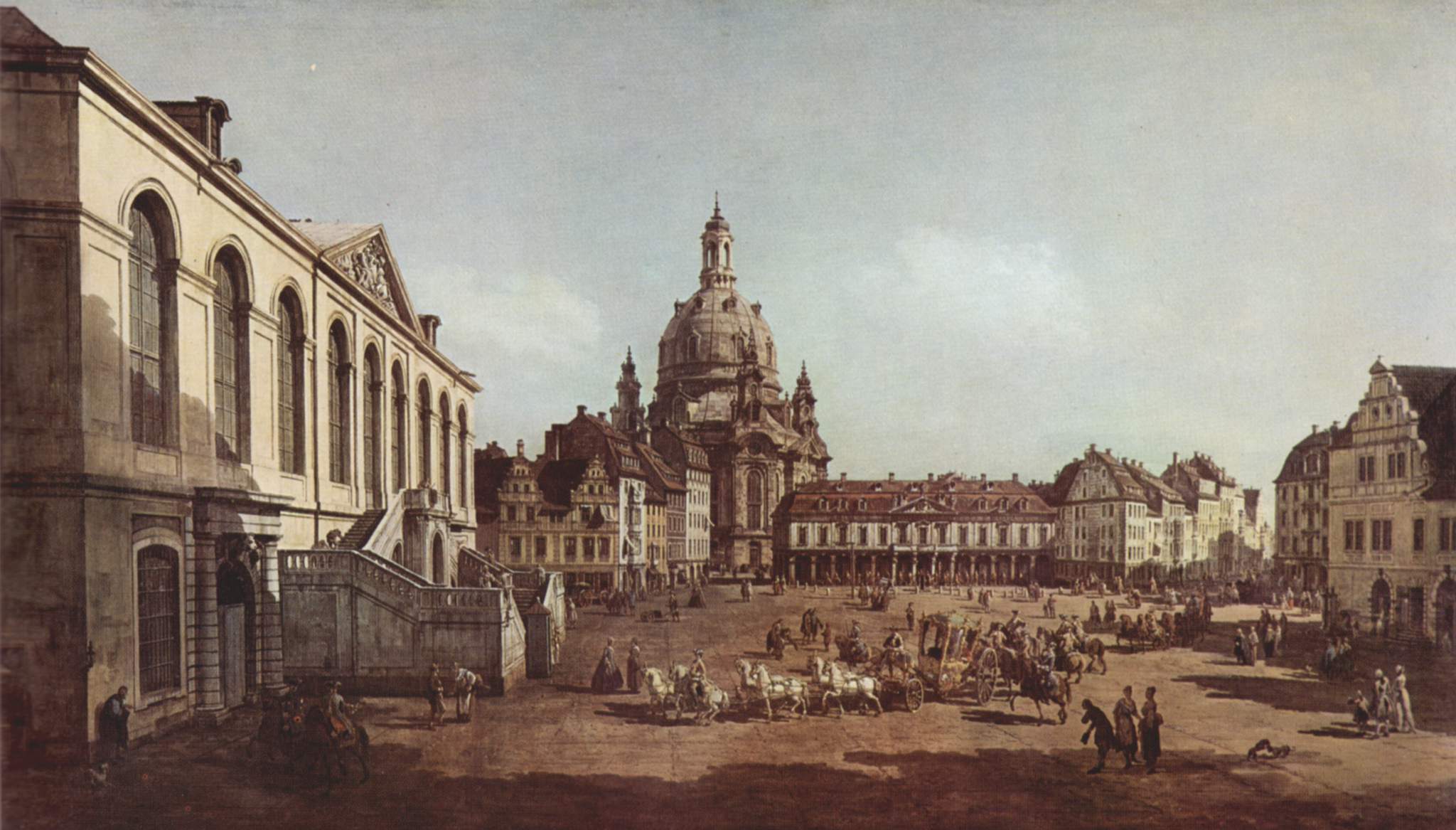 Pictură de Bernardo Bellotto cu Neumarktul și Frauenkirche în Dresda, văzute dinspre Jüdenhofe.