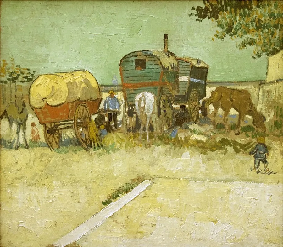 Tabără de țigani cu caravane, pictură de Van Gogh