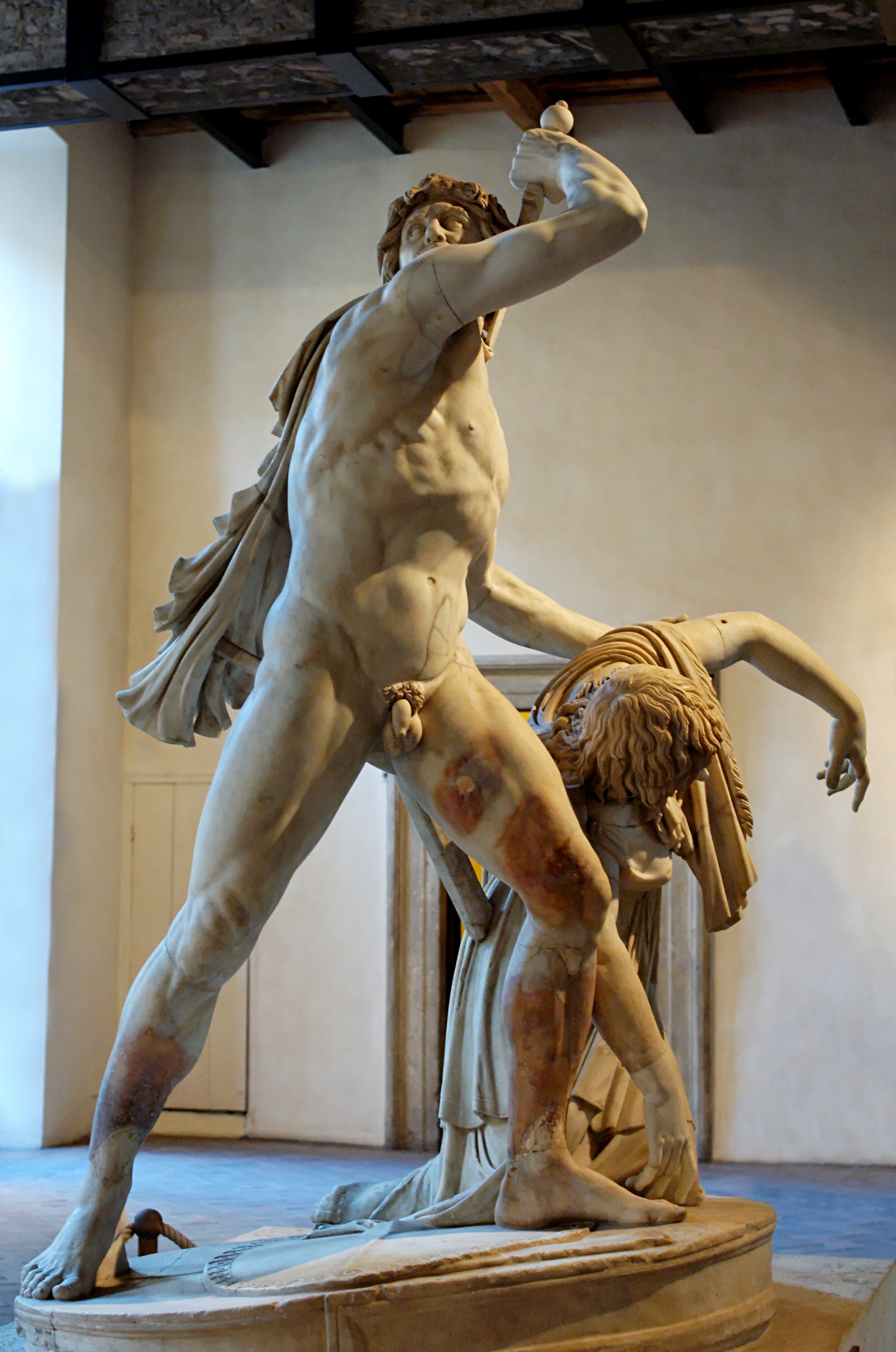 Sculptura Galatul Ludovisi: un bărbat sprijină o femeie căzută și își ridică sabia spre gât.