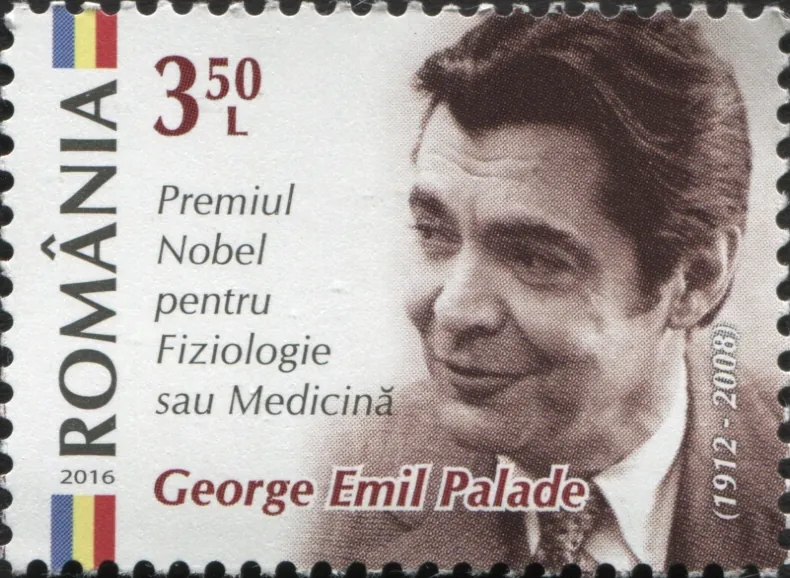 Timbru cu portretul lui Palade și textul Premiul Nobel pentru Fiziologie sau Medicină.
