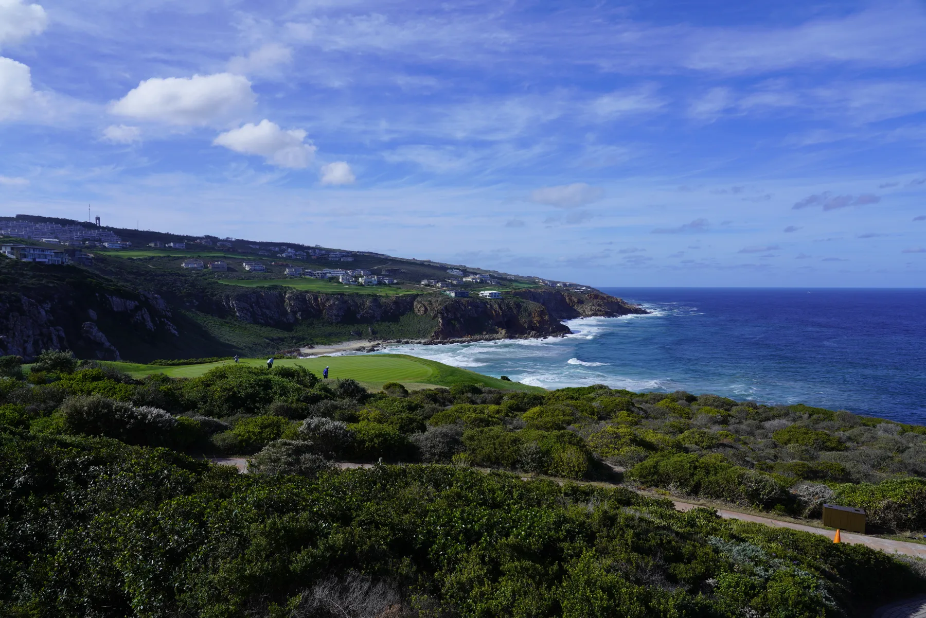 A rocky green headland and a sandy bay on a sunny coast.