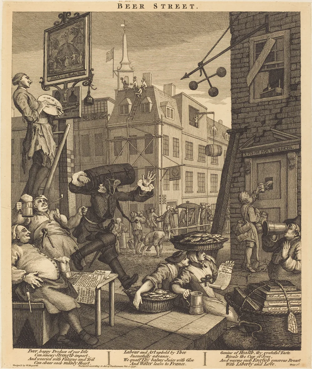 Engraving of Beer Street, Hogarth’s thriving street