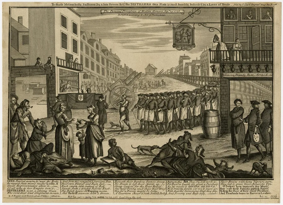 Engraving of Madam Geneva’s mock funeral, 1736