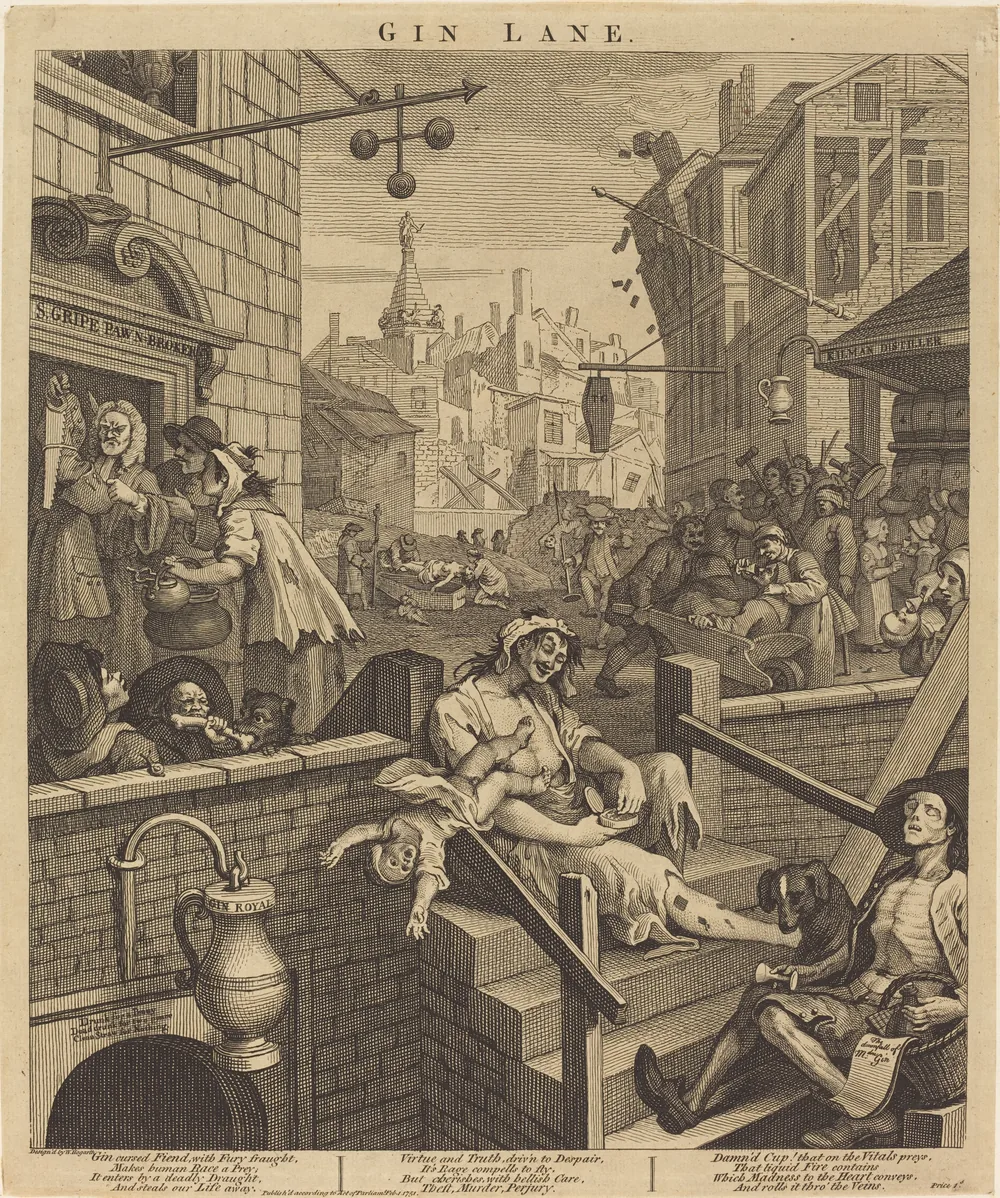 Engraving of Gin Lane, Hogarth’s ruined lane
