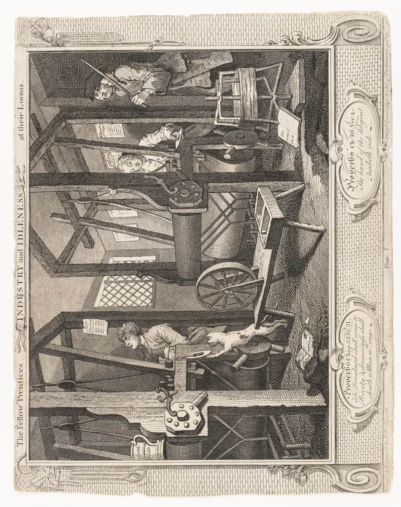 Engraving of apprentices at their looms, 1747