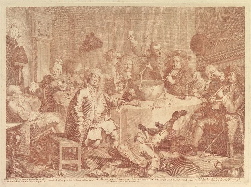 Engraving of men drinking and talking around a tavern table, 1732