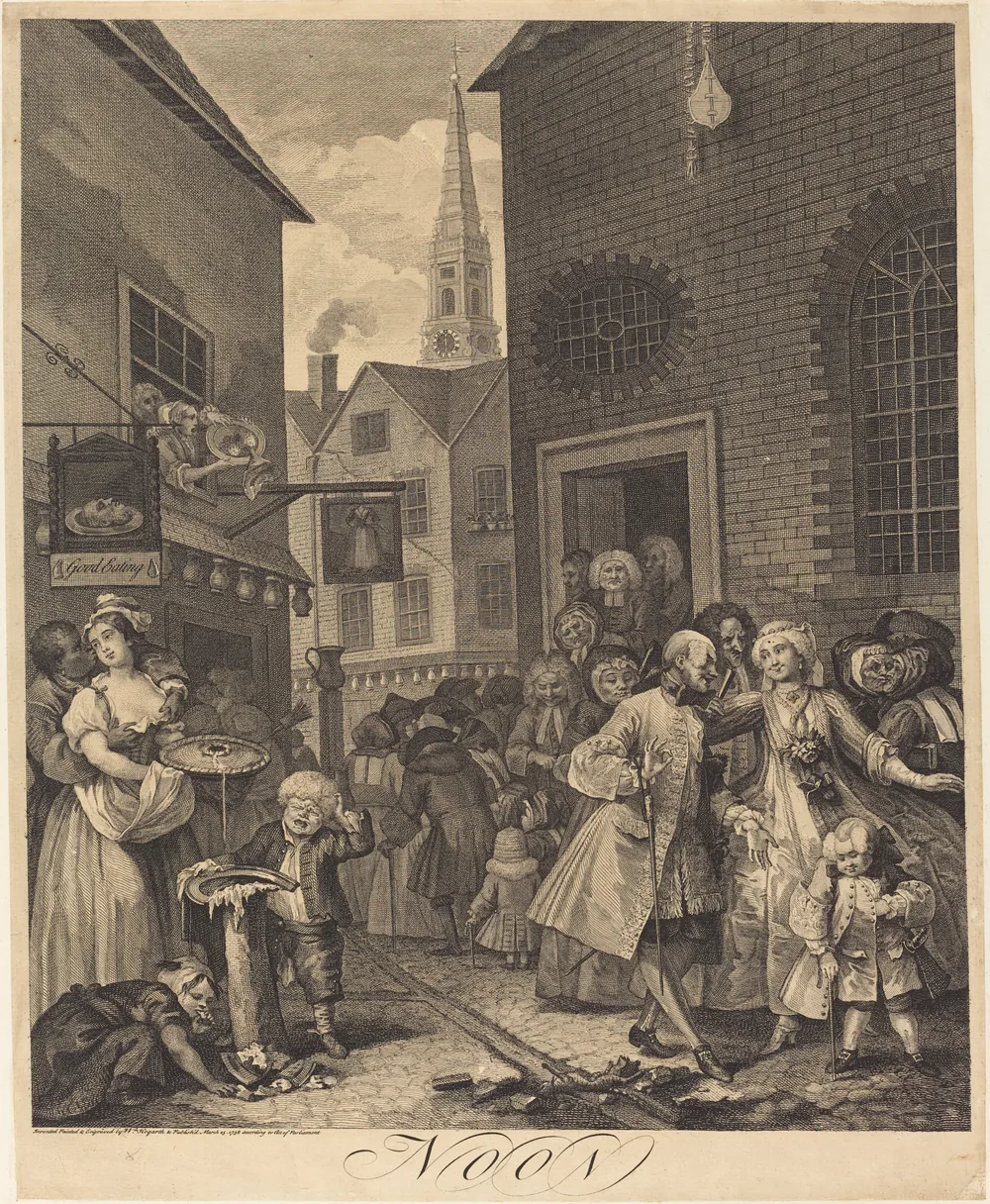 Engraving of a London street at noon, St Giles, 1738