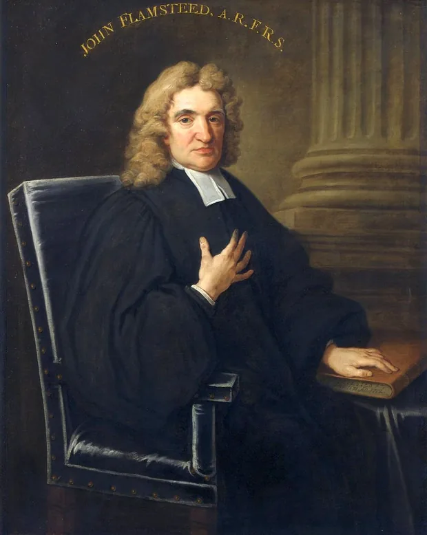 Portret în ulei al lui John Flamsteed cu un volum de observații