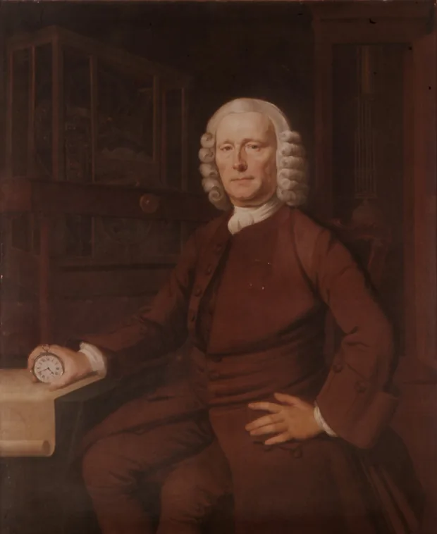 Portret în ulei al lui John Harrison ținând un ceas mare