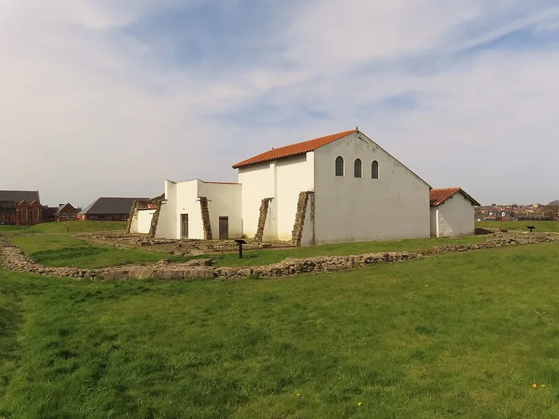 The reconstructed commanding officer's house at Arbeia, South Shields, whitewashed walls and tiled roof.