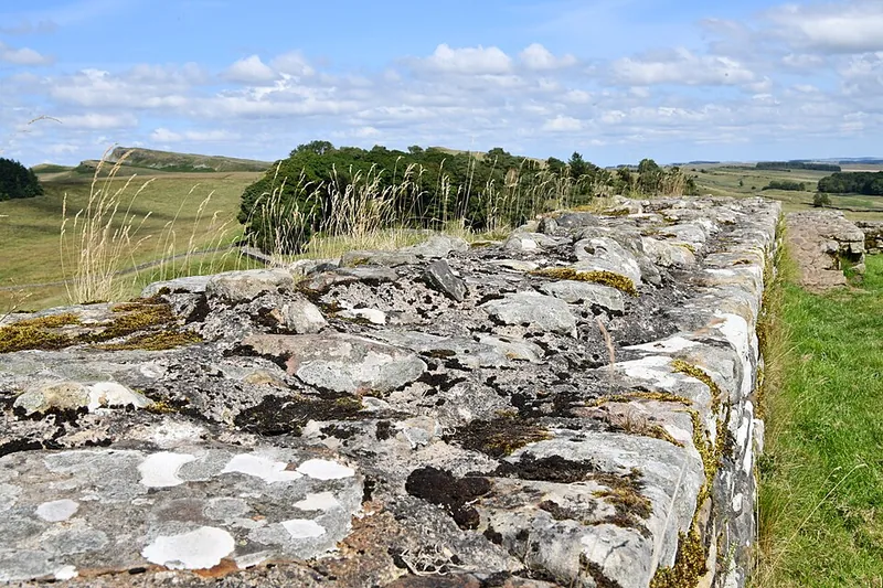 The north wall of Housesteads fort, with its preserved gateway and towers.