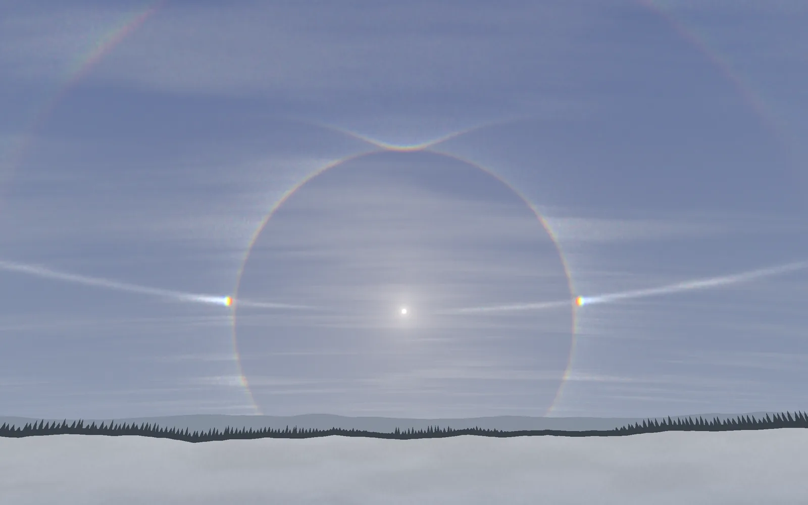 A still of the traced sky: a ring around the Sun, two sundogs and the arcs of plates and columns.