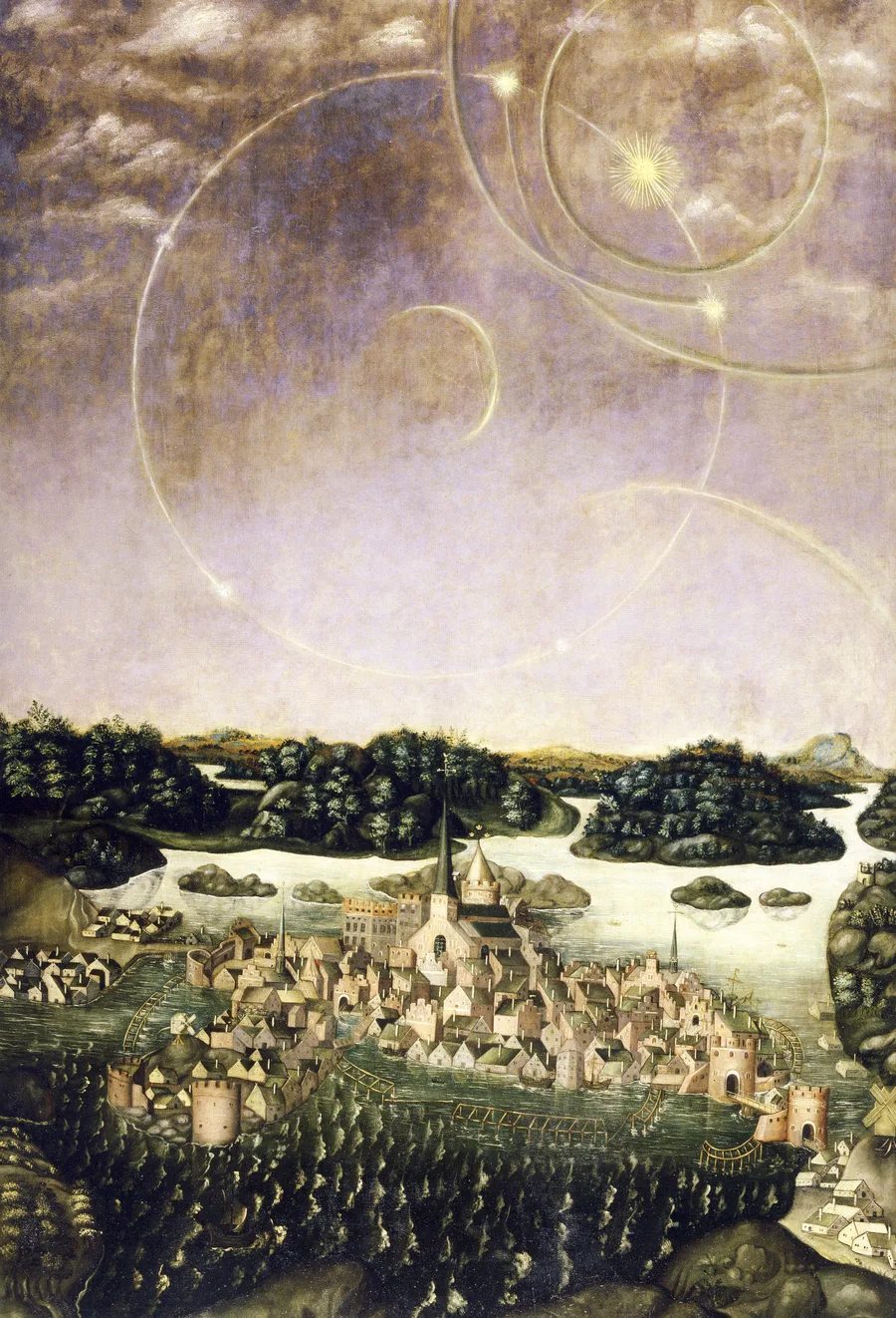 The Vädersolstavlan painting: Stockholm below, a sky above with several rings, a horizontal circle and mock suns.