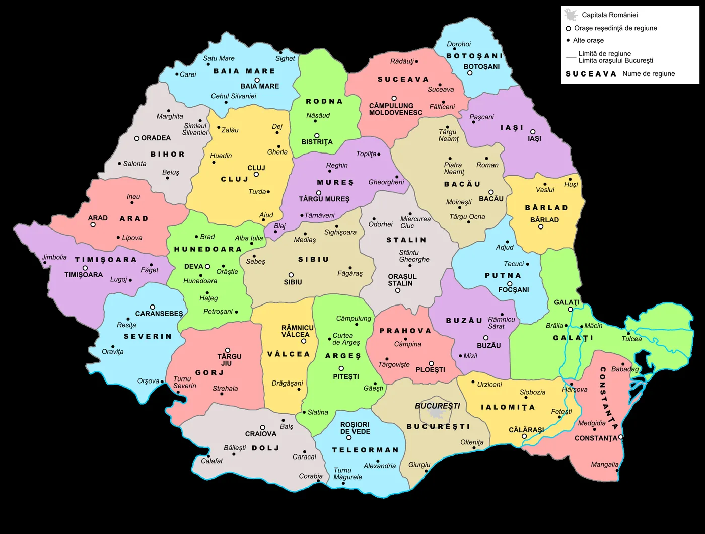 Harta administrativă a României între 1950 și 1952, cu cele 28 de regiuni.