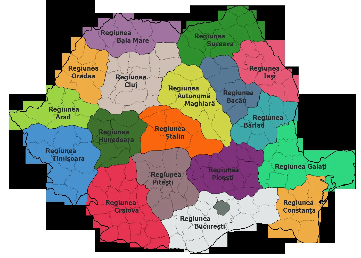 Harta administrativă a României între 1952 și 1956, cu cele 18 regiuni.