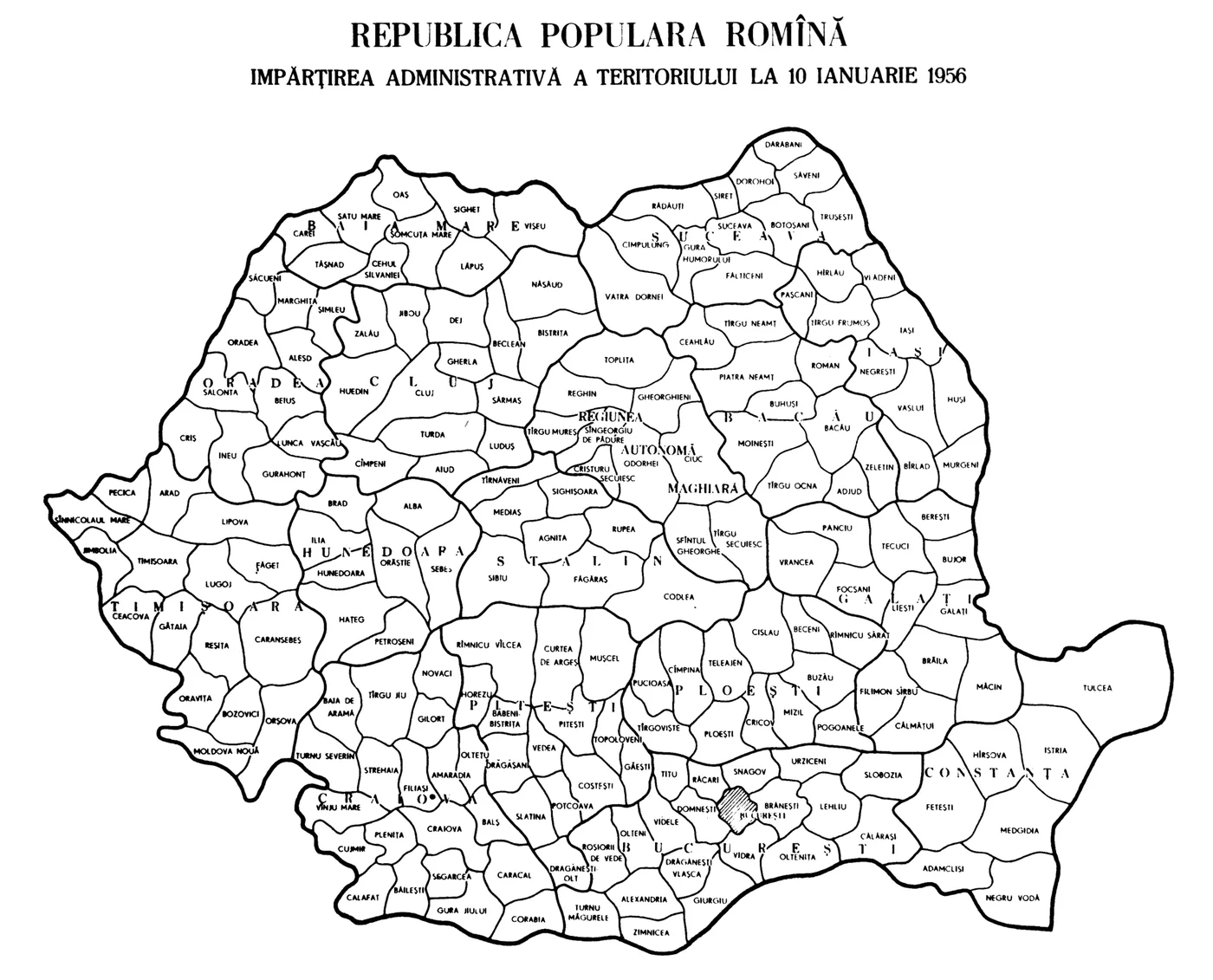 Planșa administrativă a Republicii Populare Române la 10 ianuarie 1956, cu regiunile și raioanele lor.