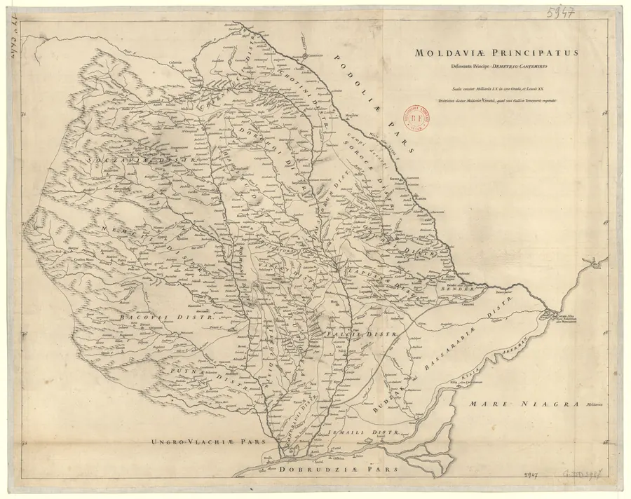 Copia de mână a hărții lui Cantemir făcută de geograful francez d’Anville, păstrată la Biblioteca Națională a Franței.