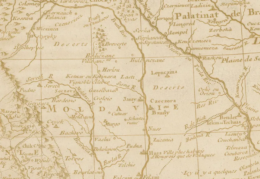 Decupaj din harta Ungariei de Guillaume de l’Isle, 1703: Moldova, cu Iașii pe Prut și cuvântul „Deserts” scris de două ori.