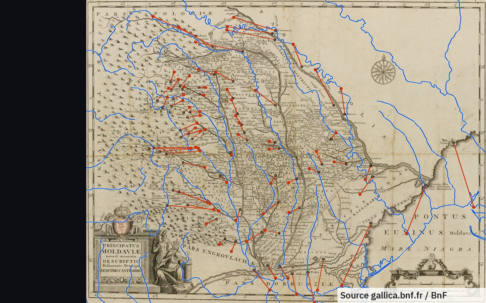 Harta lui Cantemir cu râurile adevărate în albastru și linii roșii de la orașele gravate la locurile lor reale.