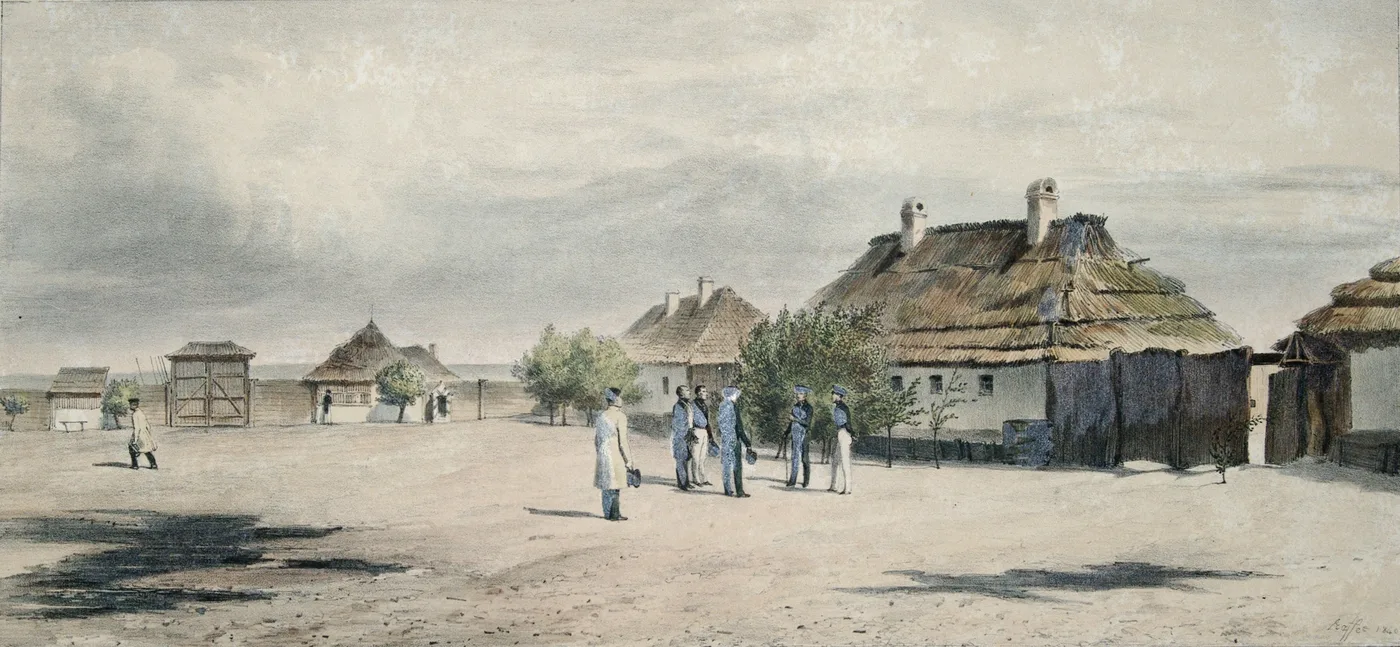 The courtyard of the Sculeni quarantine, on the Prut, in an 1837 drawing