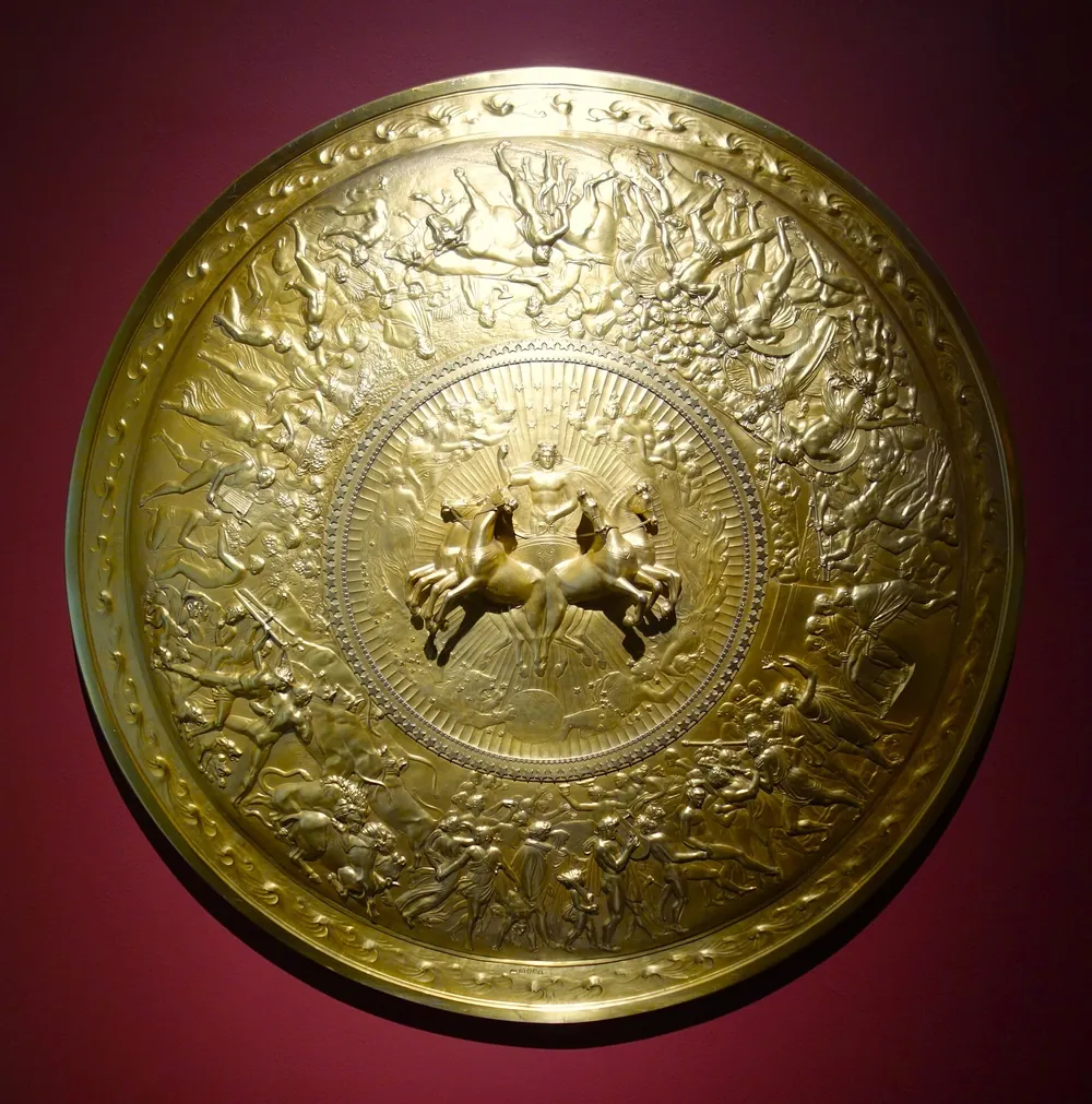 The shield of Achilles after John Flaxman, silver-gilt, London 1821 (photographed at the Huntington). The dancing-floor is one of the shield's scenes.