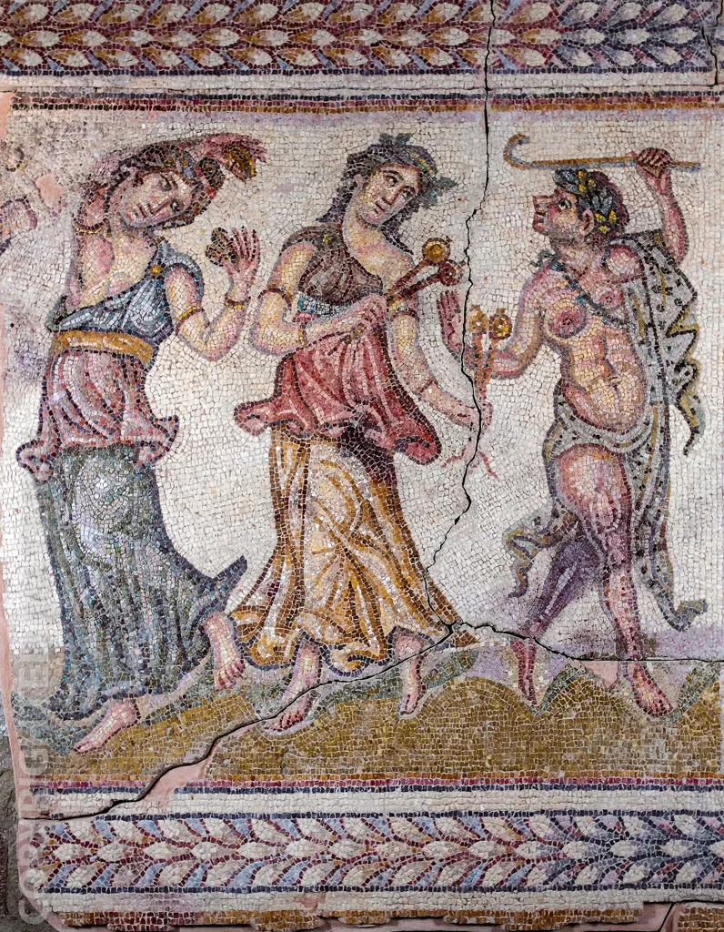 A dancing procession, 4th-century mosaic from Augusta Traiana (Byzantine Empire, now Stara Zagora). Not a hora in particular: a visual rhyme across the centuries.