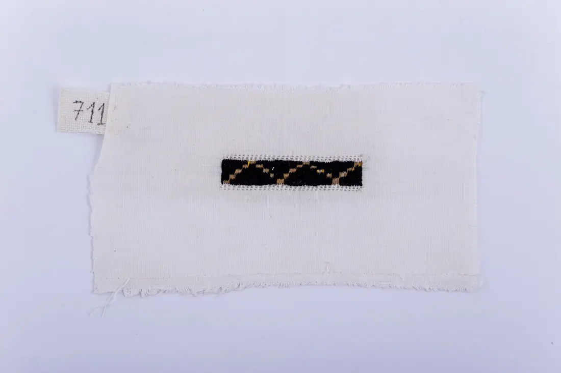 Fotografia muzeului: un model de broderie pe pânză albă, cu fir negru, galben, cusut de Soră Mitrea Ciutană
