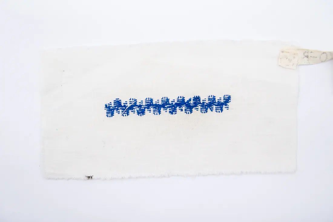Fotografia muzeului: un model de broderie pe pânză albă, cu fir albastru, cusut de Bârdaș Maria