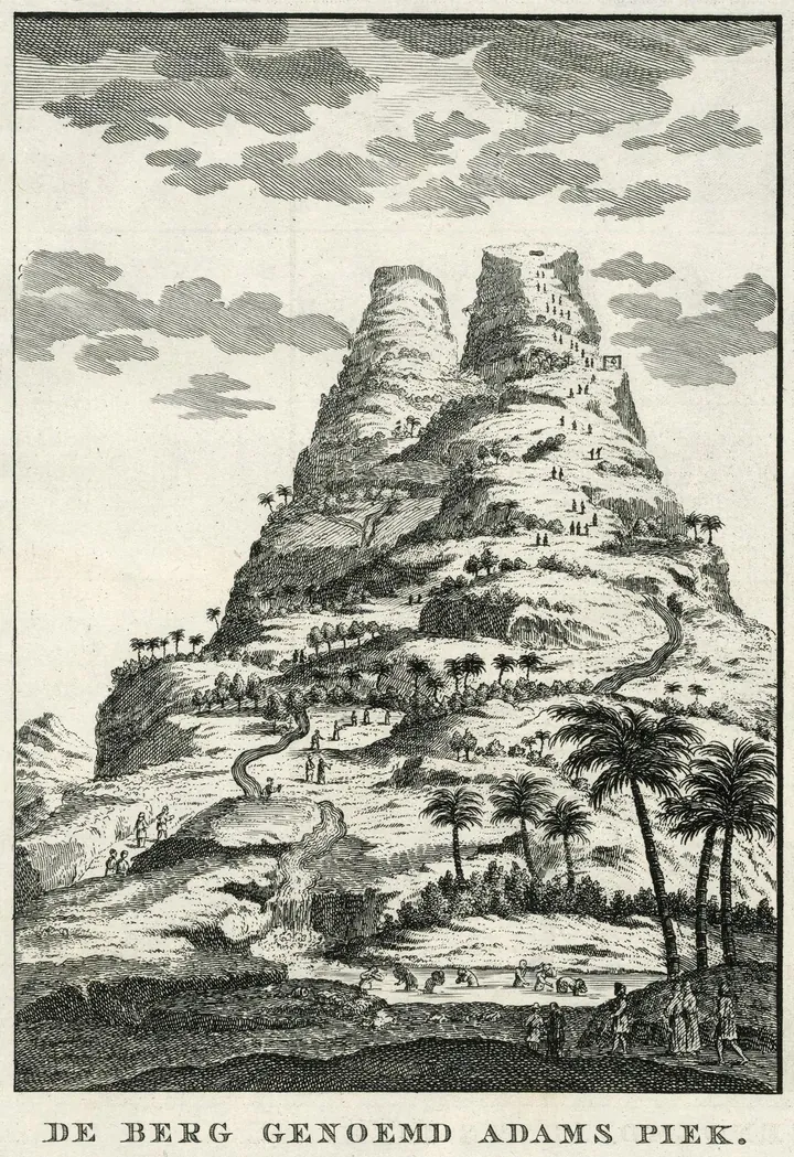 A black-and-white engraving: a sharp peak with steps cut into its side and figures climbing among palm trees.