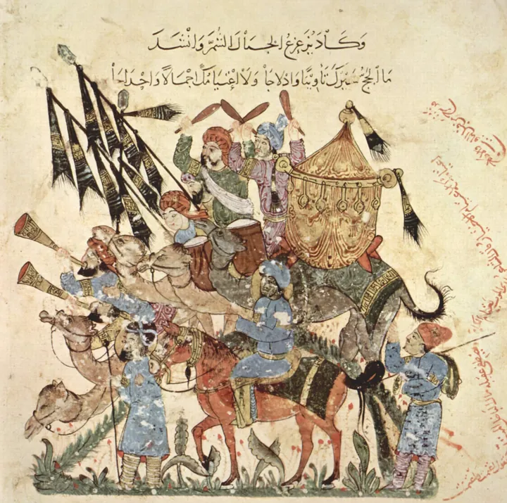 A medieval painting: a covered litter carried by a camel, surrounded by riders with banners, drums and trumpets.