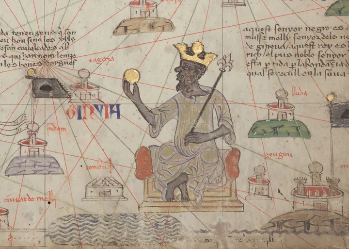 A detail from a medieval map: an African king enthroned with a gold crown and sceptre, holding a nugget of gold.