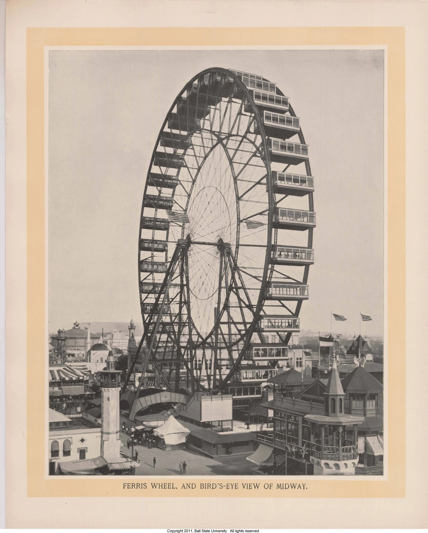 The Ferris wheel and a bird's-eye view of the Midway in an 1893 halftone after William Henry Jackson.
