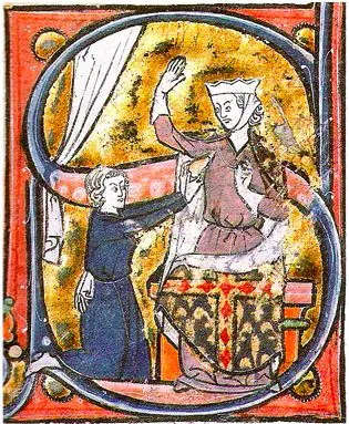 Miniatură medievală: un îndrăgostit îngenuncheat își oferă inima unei doamne