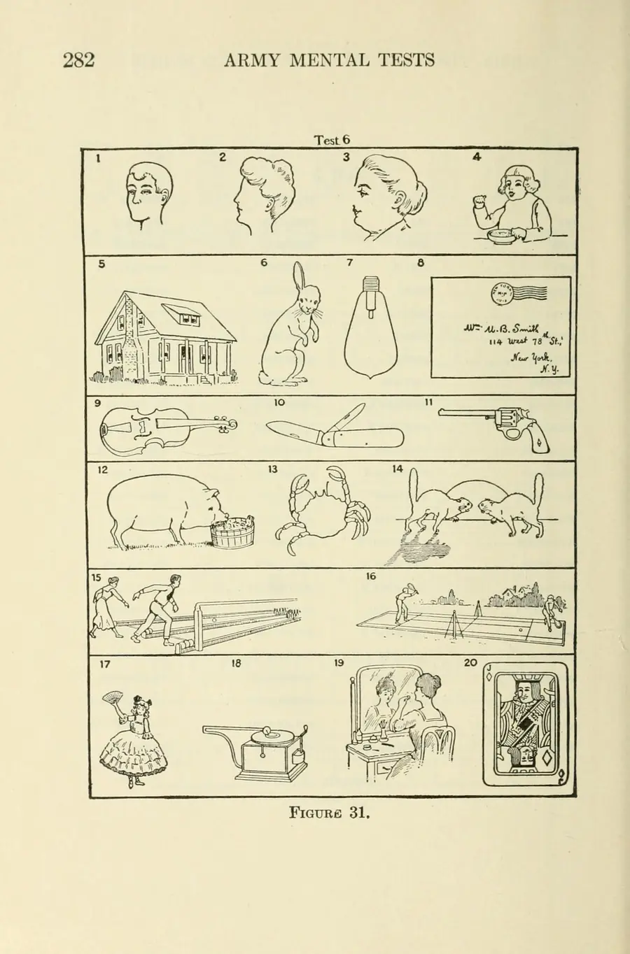 Printed page of twenty simple drawings, each with a part missing.