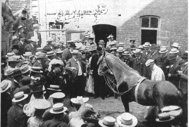 Old photograph: a horse in a courtyard surrounded by people in hats.