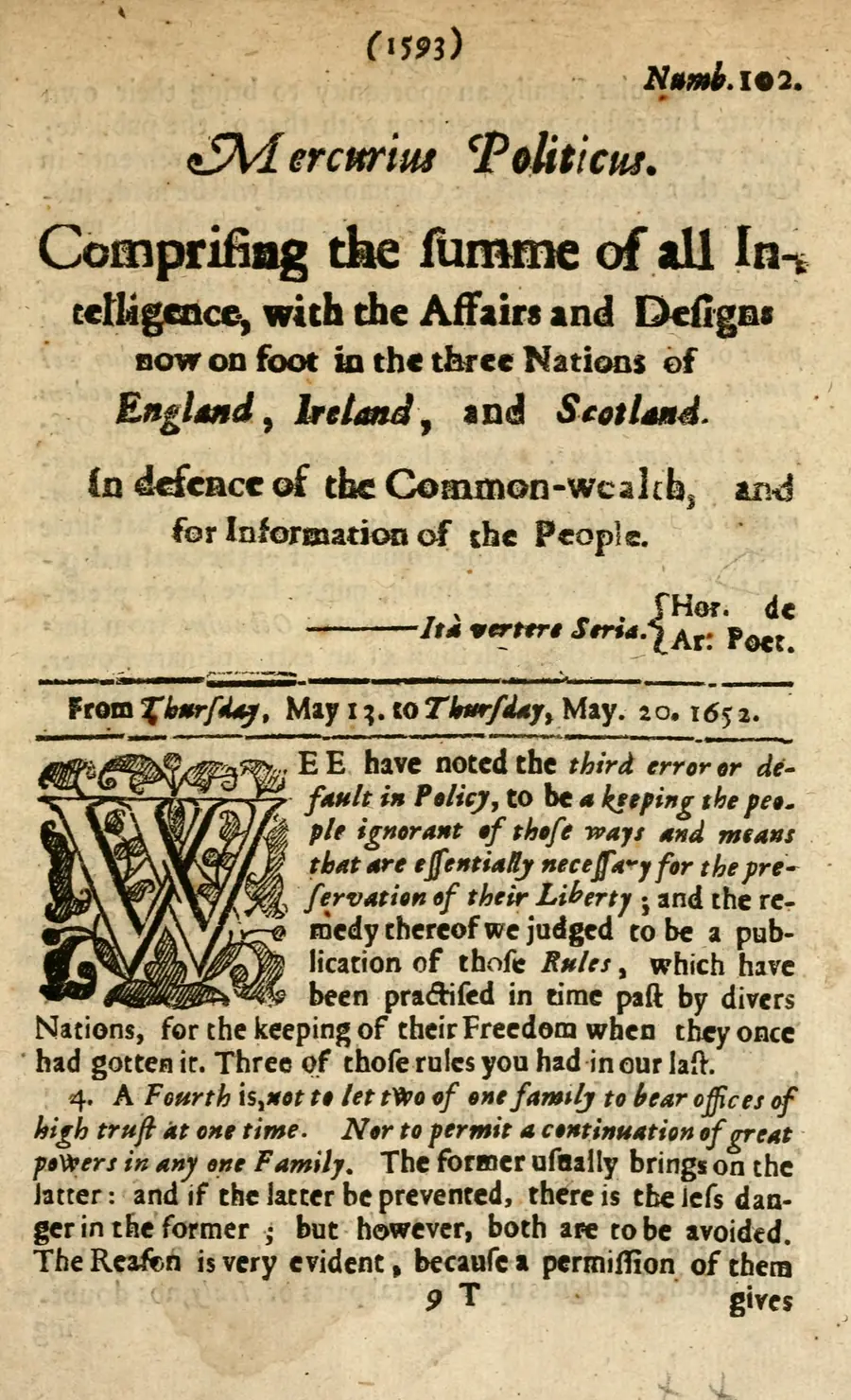 Title page of a seventeenth-century English newsbook in old type.
