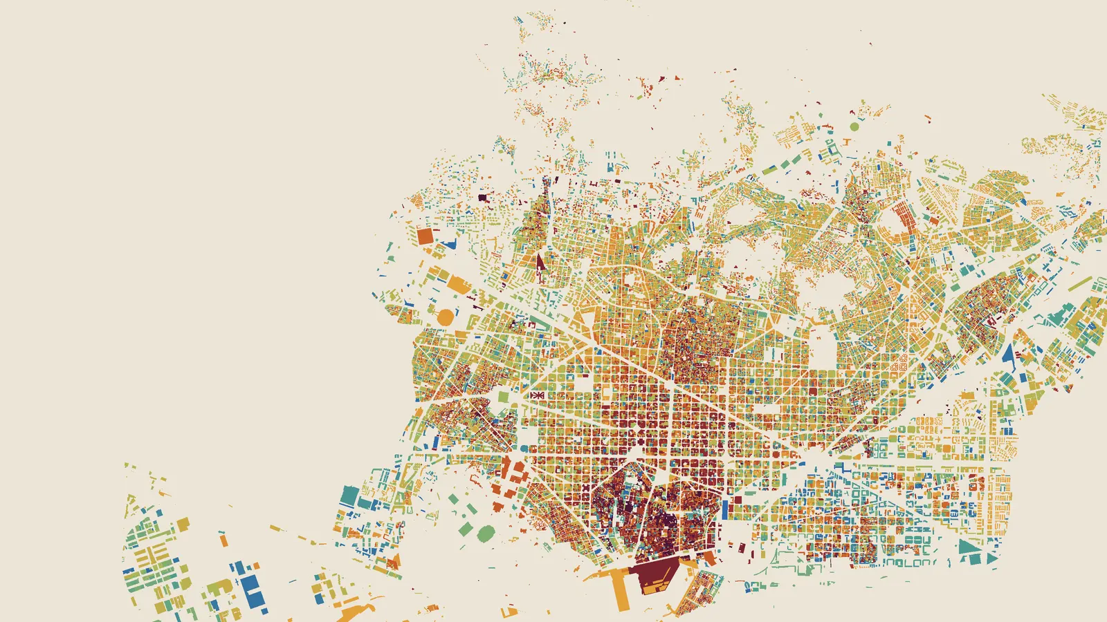 Harta tuturor clădirilor din Barcelona, colorate după anul construcției: orașul vechi lângă port, grila Eixample în jurul lui, cartierele de pe dealuri mai noi.