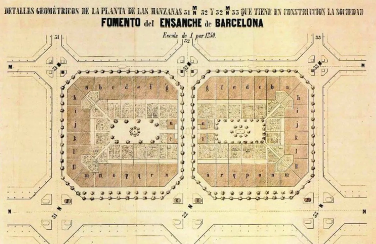 Planul a două cvartale din 1863, cu loturi numerotate pe toate patru laturile și o grădină cu alei în mijloc.