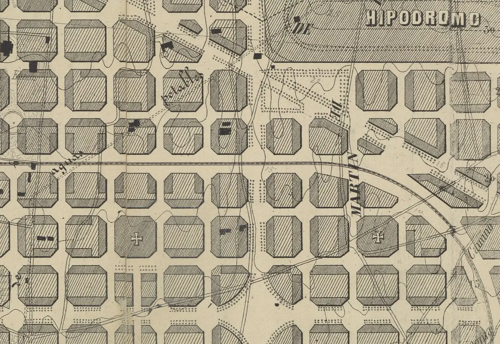 Detaliu din planul din 1859: cvartale cu colțuri teșite, cu benzi construite pe două sau trei laturi și mijlocul liber.