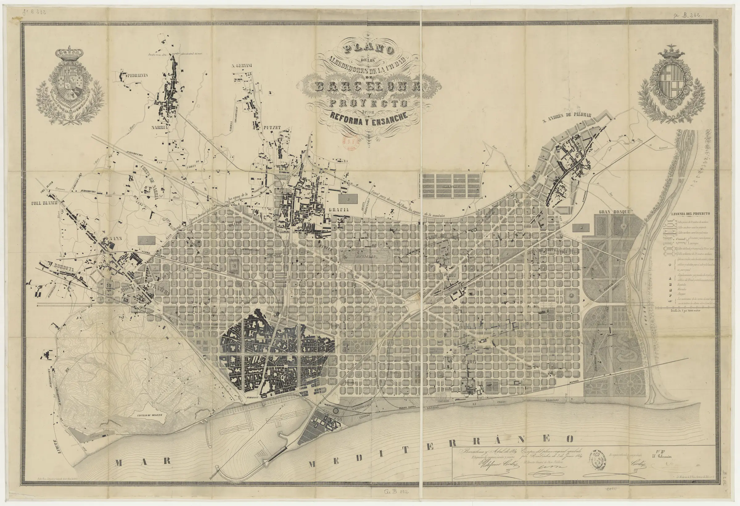 Planul Barcelonei din 1859: orașul vechi lângă mare și grila de cvartale egale a lui Cerdà în jurul lui.