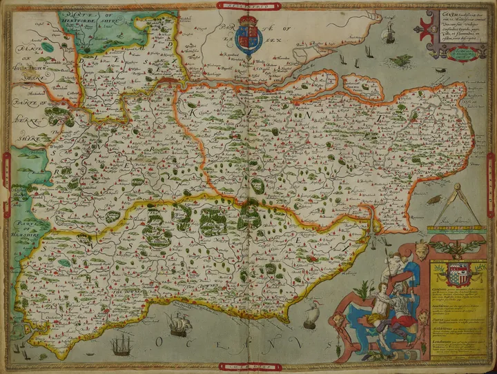 Engraved map of four south-east English counties, with the wide Thames estuary across the top