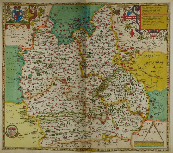 Engraved map of three Thames-valley counties, with the river winding through the middle of the map