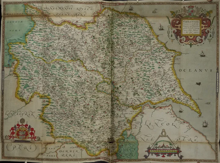 Engraved county map of a wide county, with hatched hills, heavy-drawn rivers and an ornamented cartouche in the corner